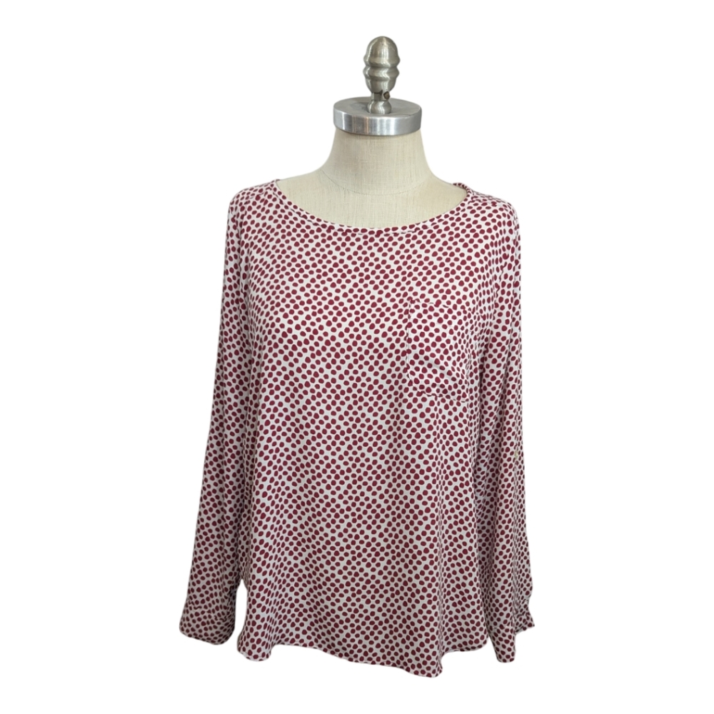 Loft Women's White and Burgundy Polka Dot Blouse Sz Medium
